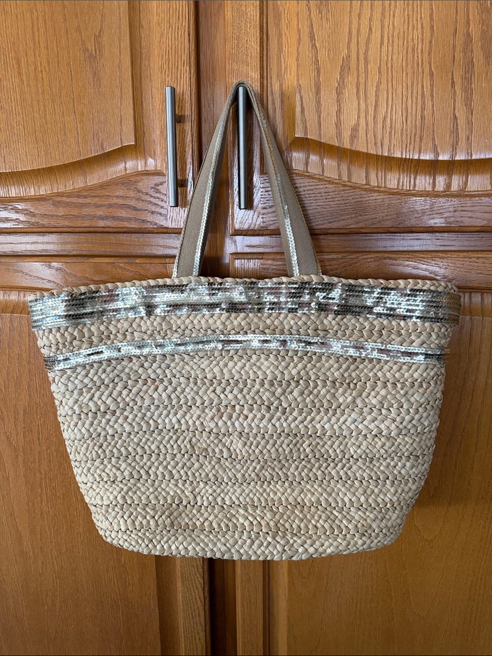 Woven Straw Tote Bag with Neutral Trim